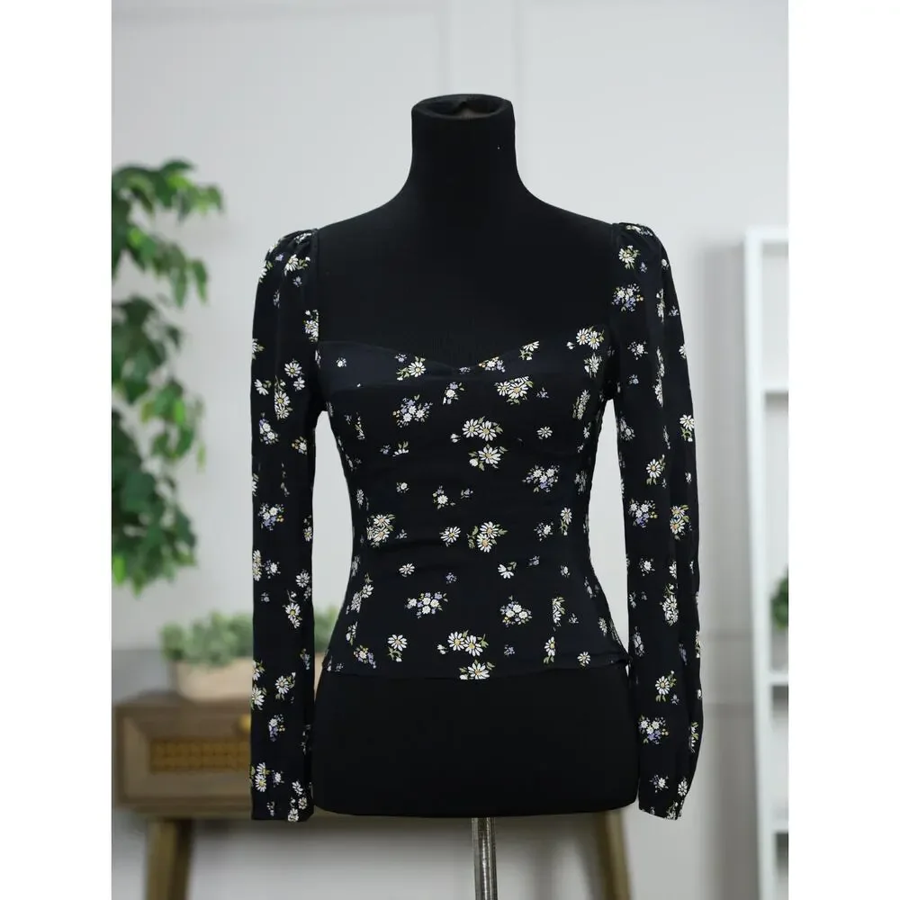 Romantic French Girl Black Ditsy Floral Print Reformation Puff Sleeve Top Size 4